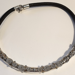 Sterling Silver 925 and Black Leather Choker Style Necklace 17 Inches